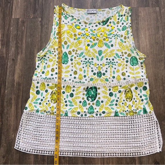 Giorgio Grati Vtg White Green Leaves Pattern Bedazzled Sleeveless Viscose Top XL - Picture 12 of 14